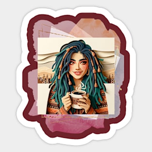 Coffee First (blue dreads girl holds steaming cup) Sticker